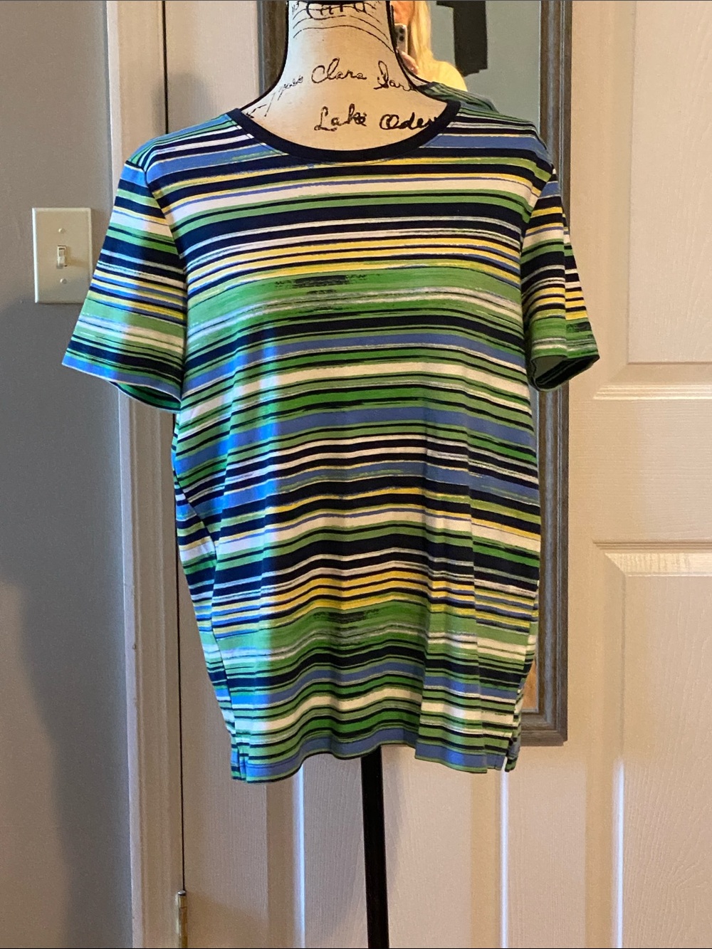 Kim Rogers Short Sleeve Striped Tee - Blue, Green & White
